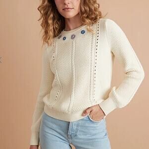 Marine Layer Jada Ivory Floral Embroidered Crewneck Sweater Size M